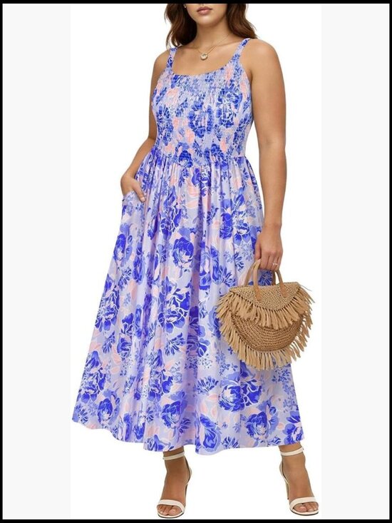 Plus Size Square Neck Spaghetti Strap Smocked Floral Boho Maxi Dress